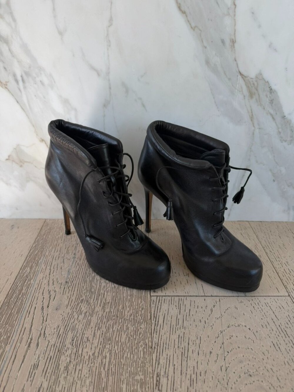 Theory Lace-Up High Heel Ankle Boots in Black Leather